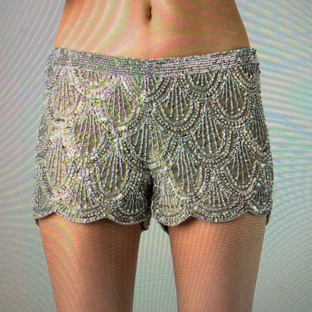 Basix Black Label Scalloped Sequined Silk Shorts-Pre-owned